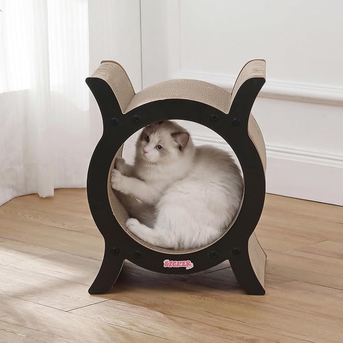 Nyan 16.5" Modern Cardboard Tunnel Cat Scratcher House with Catnip, Corrugated Indoor Cat Hideaway Den, Solid Black Scratching Surface for All Cats CSR1007J