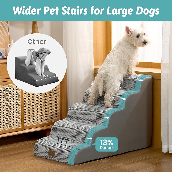 COZY KISS Wide Dog Stairs for Small Dog 22.6" H, Curved Pet Step for Puppy, Older Cat, Curved Ramp for High Bed or Car, Ladder with High Density Foam, Durable, 5 Step, 17.7x33x22.6 inch, Grey