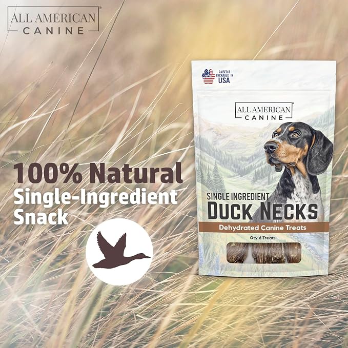 All American Canine 6 Natural Duck Neck Dog Treats – Single Ingredient, Dehydrated & Chewy – Low-Fat, High-Protein Training Reward – Made in USA