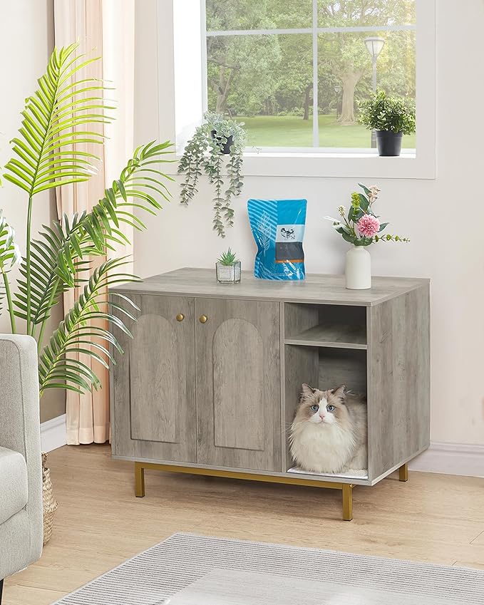 Hzuaneri Cat Litter Box Enclosure Enclosed, Hidden Litter Box Cabinet Furniture with Storage, Wooden Indoor Cat House Large, Modern End Table for Living Room Entryway, Greige and Gold CB01505G
