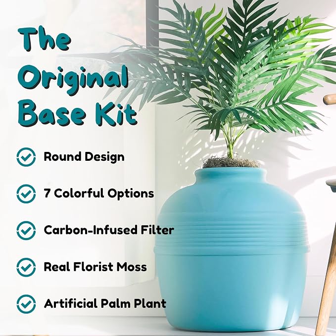 Good Pet Stuff Original Hidden Litter Box Planter, Decorative Cat Litter Enclosure, Carbon Filter, Faux Plant, Round Design, Easy to Clean, Base Kit, Palm Plant, Coastal Blue