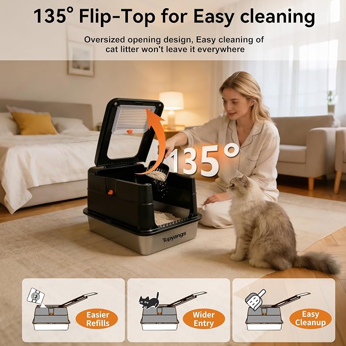 Stainless Steel Cat Litter Box, Enclosed Odor Control Extra Large Metal Litter Box with Lid, 135° Flip-Top Covered Design, Leak-Proof High Sided Box for Large Cats & Multi-Cat Homes, Black