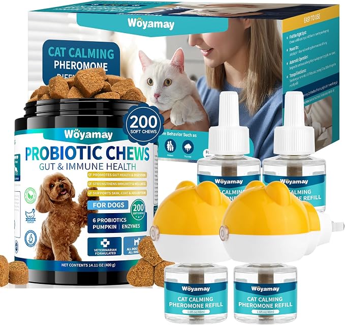 Woyamay Cat Calming Diffuser & Dog Probiotic Chews Bundle – Stress & Behavior Support for Multi-Pet Homes – Calm Anxiety, Support Digestion, Soothe Licking, Barking, and Upset Stomachs