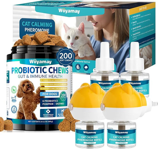 Woyamay Cat Calming Diffuser & Dog Probiotic Chews Bundle – Stress & Behavior Support for Multi-Pet Homes – Calm Anxiety, Support Digestion, Soothe Licking, Barking, and Upset Stomachs