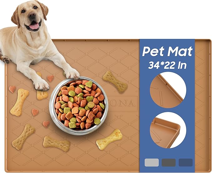 URMONA Large Dog Food Mat, 34" x 22" Pet Food Mat, Waterproof Dog Cat Food Mat with Raised Edges, Silicone Pet Food Mat, Dog Accessories, Prevents Food Spills, Protects Floors (Khaki)
