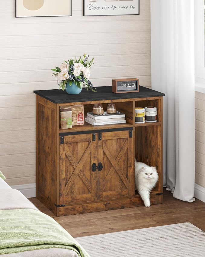 Hzuaneri Cat Litter Box Enclosure, Hidden Litter Box Furniture with Storage, Wooden Cat Cabinet with Scratch Pad, Farmhouse Cat Washroom, TV Stand End Table, Rustic Brown CB87501X