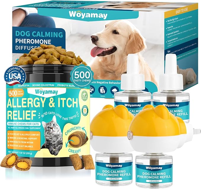 Woyamay Cat & Dog Wellness Bundle – Anti-Itch Allergy Chews for Cats + Dog Calming Pheromone Diffuser Kit, Supports Cat Skin Comfort & Reduces Dog Anxiety, All-in-One Pet Care Solution