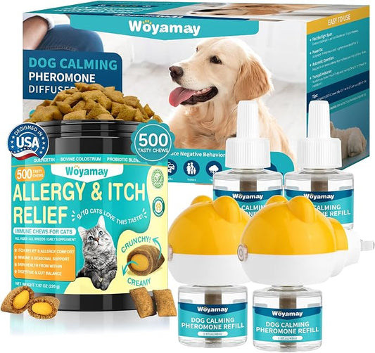 Woyamay Cat & Dog Wellness Bundle – Anti-Itch Allergy Chews for Cats + Dog Calming Pheromone Diffuser Kit, Supports Cat Skin Comfort & Reduces Dog Anxiety, All-in-One Pet Care Solution