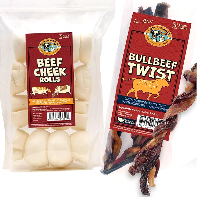 Pack Approved Long Lasting Dog Chews Bundle - Beef Cheek Rolls & Bull Beef Twists for Medium to Large Dogs