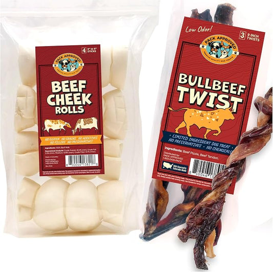 Pack Approved Long Lasting Dog Chews Bundle - Beef Cheek Rolls & Bull Beef Twists for Medium to Large Dogs