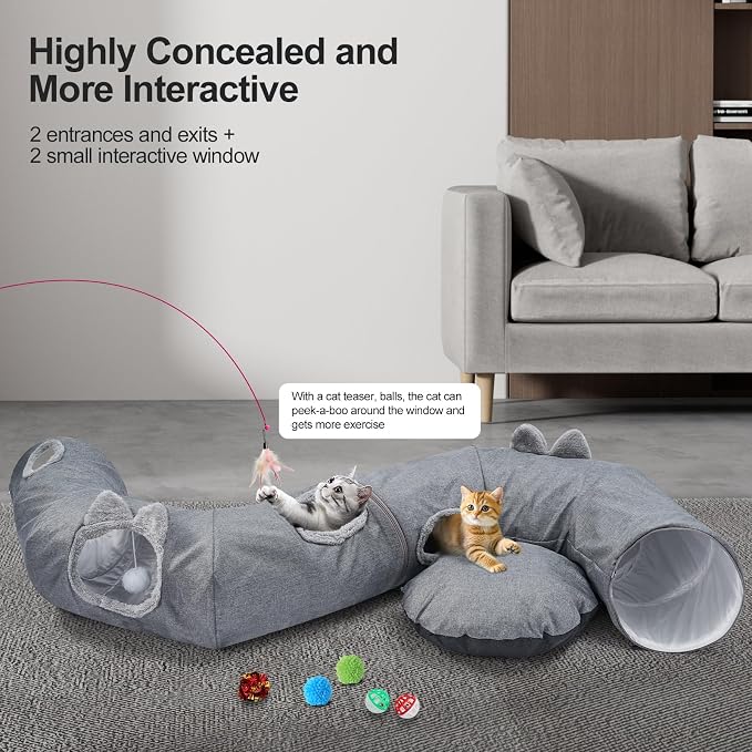 Odoland Cat Tunnels Bed for Indoor Cat with Interactive Cat Toys, Cat Tube with Washable Cushion for Small Large Cats, Round Pet Peekaboo Cave for Kitten, Adult Cats and Rabbit