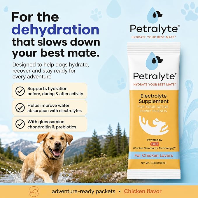 Petralyte Dog Electrolytes and Joint Supplement | Hydration Support for Dogs w/Glucosamine, Chondroitin & More | Electrolytes for Dogs with Prebiotics | for Chicken Lovers | 16 Packets