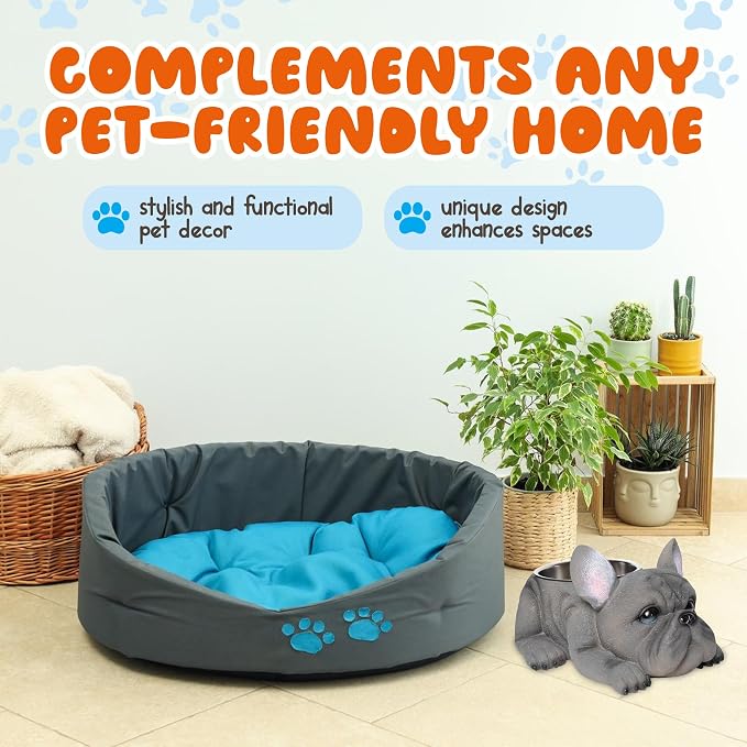 Forest & Twelfth Grey French Bulldog Resin Dog Food Bowl - Elevated Dog Bowl w/Stainless Steel Metal Bowl, Weather Resistant Pet Bowl Dog Dish, No Spill Dog Bowl for Indoor/Outdoor | 3 Cup Capacity