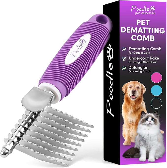 Poodle Pet Bundle - Dematting Fur Rake Comb Brush Tool with Steel Safety Blades for Detangling Matted or Knotted Undercoat Hair and Slicker Brush for Small and Large Dogs Pet Hair Remover