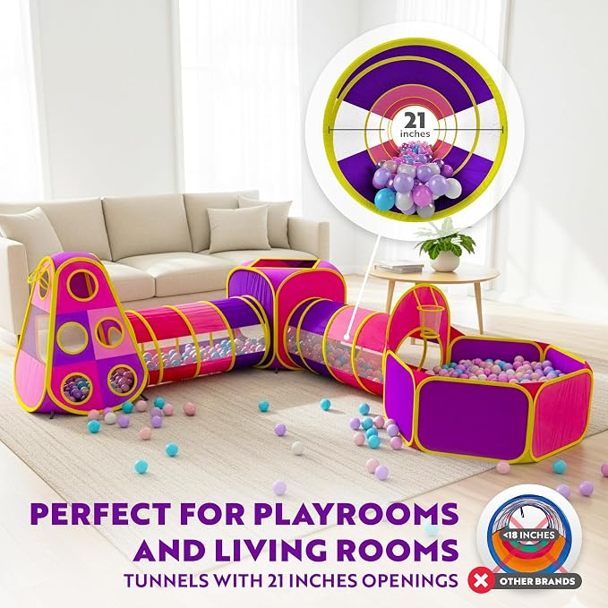 Playz 5pc Kids' Play Tents & Tunnels - Ball Pit for Toddlers, Basketball Hoop, Crawling Tubes, Pop-Up Playhouses, Baby Obstacle Course for Indoor or Outdoor Use