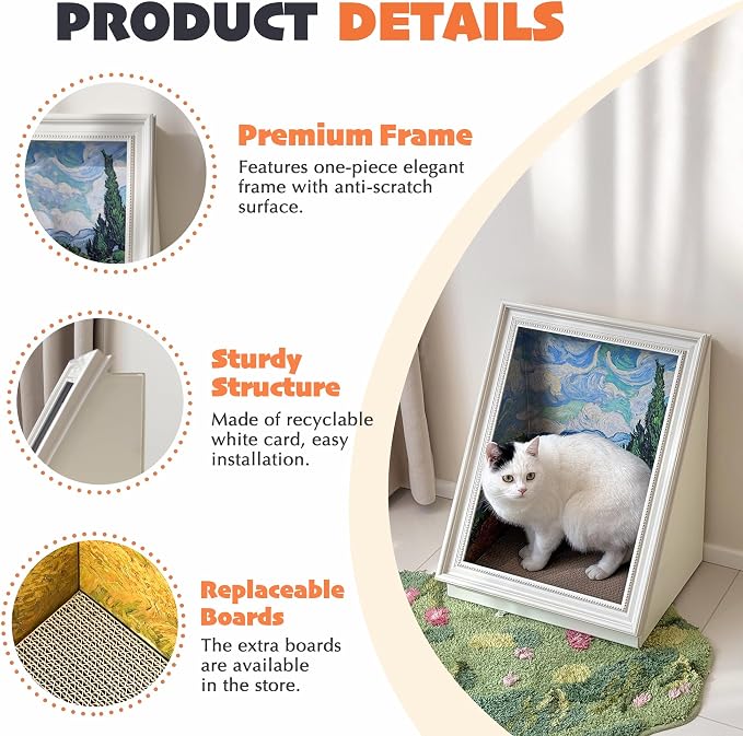 PETKARAY Art Frame Cat Scratch House, Oil Painting Kitty Scratcher Cardboard House, Large Cat Cave with Replaceable Scratching Boards