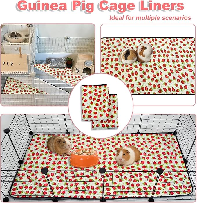 2 Pack Guinea Pig Cage Liners, 12"x 24" Washable Waterproof Bedding for Rabbit, Bunny, Hamster & Small Animals, Reusable Super Absorbent Pee Pads for C&C Cage, Strawberry Print