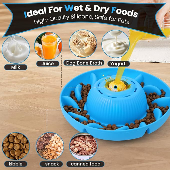 PUPPYGANG 2-in-1 Slow Feeder Dog Bowl for Large Dogs — Silicone Dry Food Maze & Wet Food Lick Ball with Suction Cup, Interactive Puzzle Feeder, Non-Slip & Detachable, Easy to Clean (Blue)