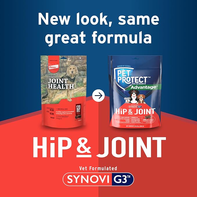 Pet Protect Dog Hip & Joint Supplement for Occasional Joint Stiffness, Vet-Formulated Synovi G3, Dog Glucosamine, Chicken-Flavored Soft Chews (240 Count)