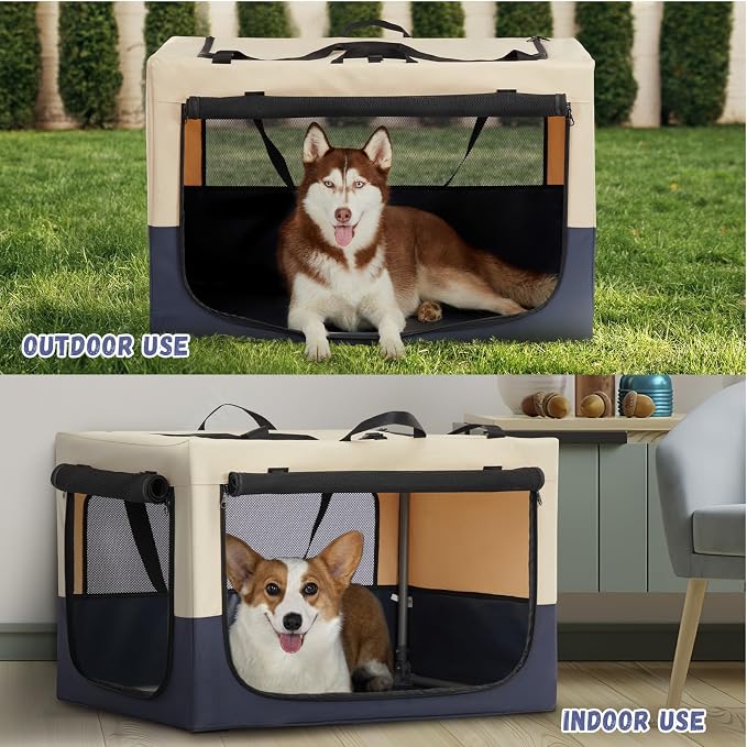 PETSFIT 30" Soft Portable Dog Crate – Patented Spiral Sturdy Frame, Collapsible Travel Kennel for Medium Dogs, 3 Mesh Door, Lockable Zippers, Indoor & Car Use Navy Blue