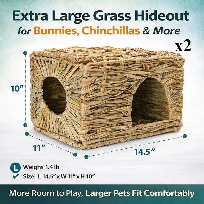 HERCOCCI Extra Large Grass House for Rabbit, Foldable & Comfortable - Small Animal Hut Play Hideaway Bed Hay Mat Chew Toy for Bunny Guinea Pig Hamster Chinchilla (2 Pack)