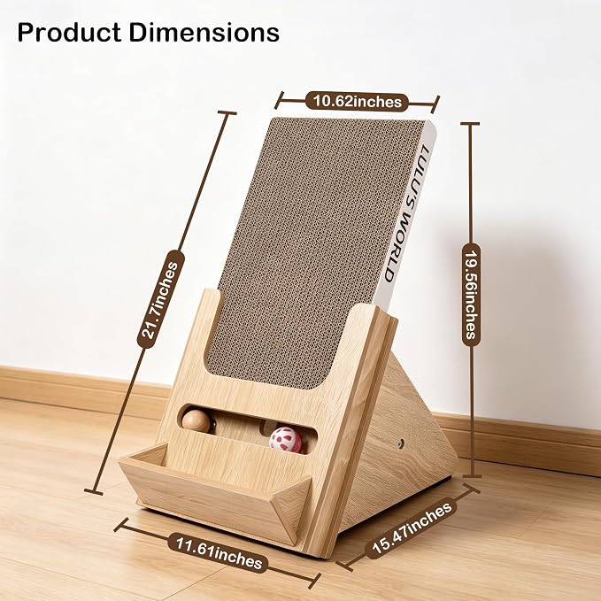 Lulu's World Cat Scratcher with Wooden Stand, Replaceable Scratching Cardboard with Ball Toy for Indoor Cats,Cat Scratch Pad Wall Mounted for Indoor