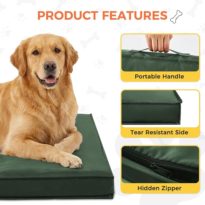 Outdoor Dog Bed Large Sized Dog, Waterproof Dog Bed Large, 44x32x3.5 Inch, Orthopedic Dog Bed with Removable Washable Cover, Flat Rectangle Pet Crate Pad for Kennel, Cage, Outside, Dark Green