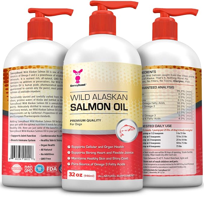 SavvyBeast Wild Alaskan Salmon Oil for Dogs, Cats & Ferrets - Pet Supplement Omega-3 Oil with EPA & DHA - Wild Caught Fish Oil Supports Skin, Coat, Joints, Heart, Brain, Itch Relief & Immune - 32 oz