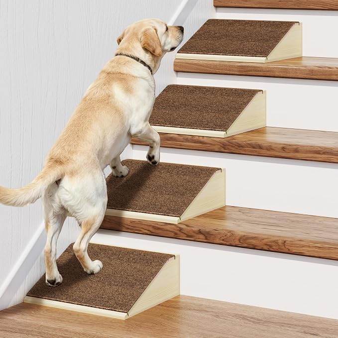 4 Pack Dog Ramp for Stairs with Anti-Slip Brown Carpet, Lightweight Wooden Pet Ramp Suitable for Small & Medium Dogs, Portable Dog Stairs to Assist Elderly and Injured Pets