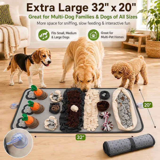 Snuffle Mat for Dogs – Extra Large 32'' x 20'', Washable Slow Feeder Dog Toy, Durable Interactive Dog Puzzle for Mental Stimulation & Nosework Training, with Anti-Slip Suction Cups