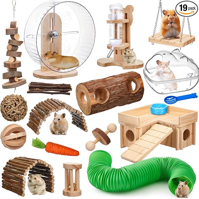Hamster Cage Accessories & Habitat Set, Wooden 3 Room Maze House, Adjustable Silent Wheel, Water Bottle Set, Log Tunnel Tube & Chew Toys, 19 Pcs Complete Kit for Dwarf Hamster Gerbil Mouse