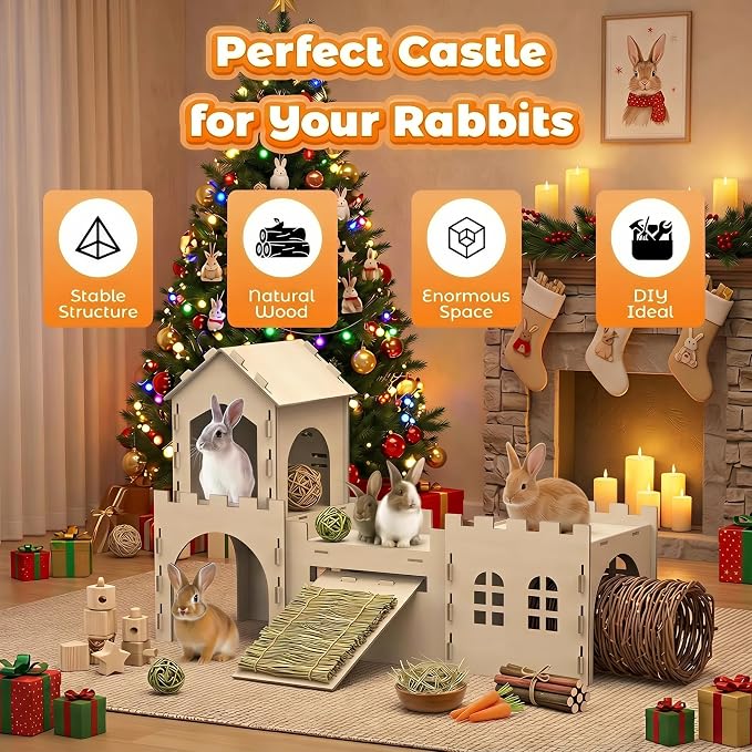 Large Bunny Castle for Rabbits, Wooden Dual-Layer Rabbit House with Stair, Rubber Band-Free Setup - Chew-Proof, Sturdy Habitat for Guinea Pig Chinchilla Ferret (Rabbit House)