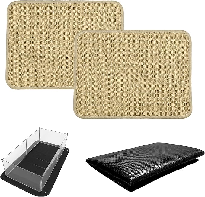 Small Animal Cage Liner & Sisal Mat Set – Waterproof Playpen Floor Protector + Natural Rabbit Chew Pad for Digging, Grinding, and Resting (Reusable 59"x39" Mat + 2Pcs 16"x12" Scratch Pads)