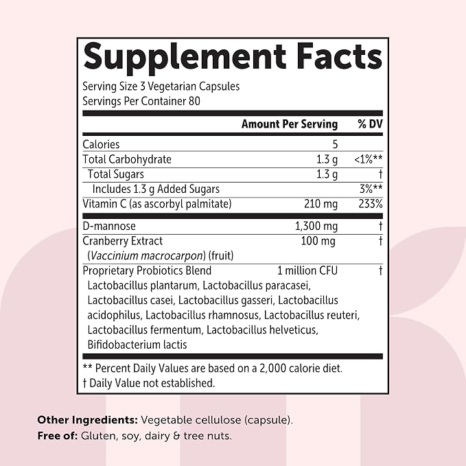 Micro Ingredients D Mannose 1,300mg Per Serving with Cranberry | 240 Veggie Capsules + Fat-Soluble Vitamin C & 1 Million CFU Probiotics Blend | Daily D Mannose Formula for Women | Filler Free, Non-GMO