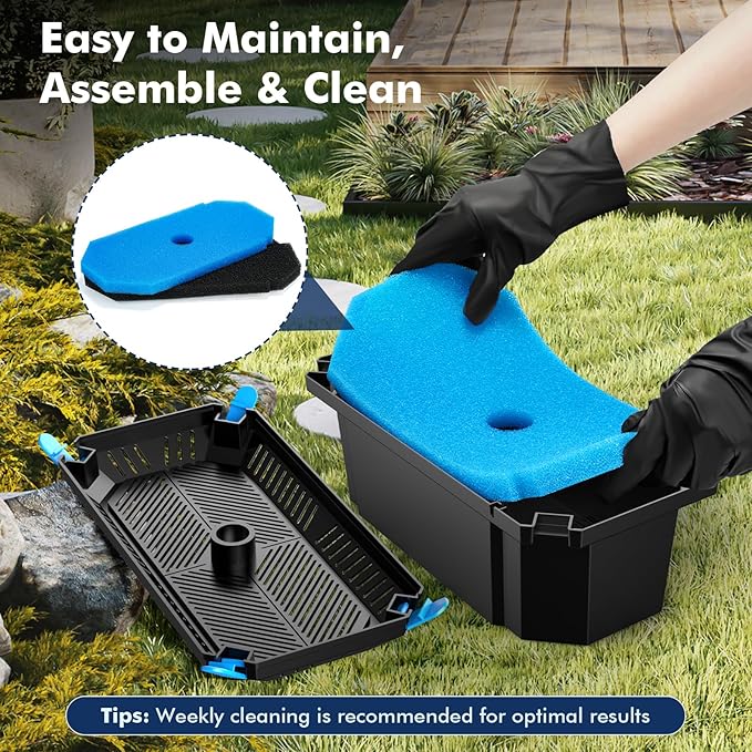 POPOSOAP Pond Filter for Outdoor Ponds, Filter Box with 2 Filter Pads and 20 Bio-Balls for Outdoor Pond Pump Submersible Fountain Pump
