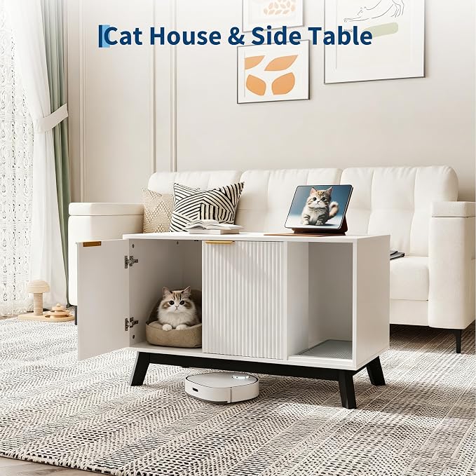 Garvee Cat Litter Box Enclosure, 39" Litter Box Enclosure Furniture Hidden Litter Box with Cat Litter Mat and Ventilated Holes, Modern Indoor Cat House, Side End Table for Living Room, White