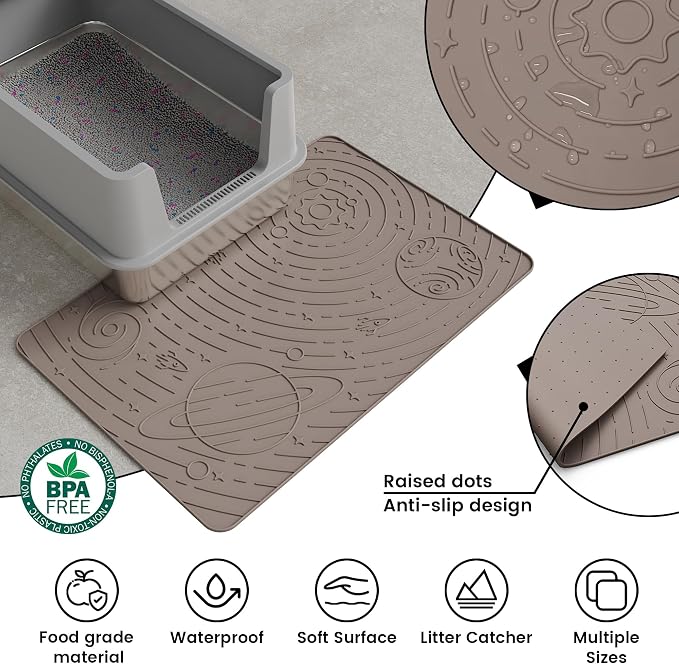 OHMO Cat Litter Mat Medium 23.6x15.7in, Beige Silicone Rubber Scatter Control Kitty Litter Box Trapping Mat, Waterproof Easy to Clean, Odorless Pet Supplies, Indoor Cat Essentials