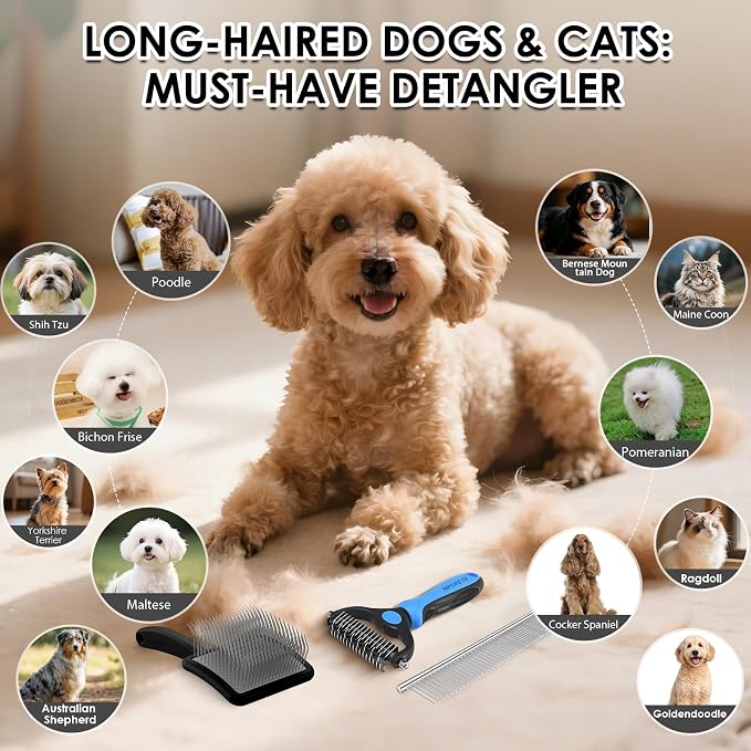 Large Dog Slicker Brush for Goldendoodles, Poodles - 3 in 1 Grooming Kit with Undercoat Rake, Comb - Extra Long Pins for Dematting Great Pyrenees, Thick Coats, Shedding, Detangling, Black