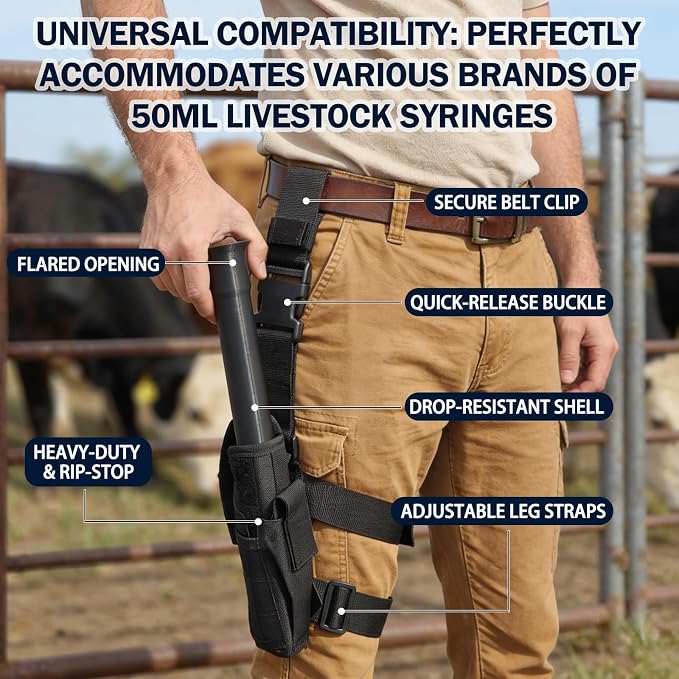 Heavy Duty Holster for Livestock Syringe Belt Mounted Carrier with Leg Strap Hands Free Holder Compatible with 50mL Repeater Injectors Safety Needle Guard for Farm & Ranch Use, Black