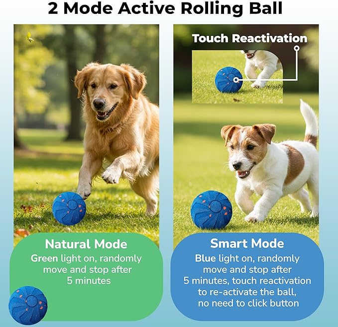 Smart 2-Mode Automatic Rolling Bouncing Dog Toy - Small, Medium, Large Giant Dogs - IPX7 Waterproof Chew-Resistant E-TPU - USB-C Fast Charging - Boredom & Anxiety Relief