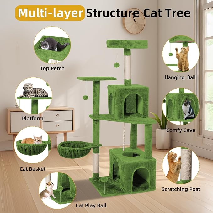 Cat Tree 54-Inch Cat Tower with Padded Plush Perch 2 Comfy Caves, Scratching Posts, Basket, 2 Pompoms, Multi-Level Plush Cat Condo for Indoor Cats Kittens, Green