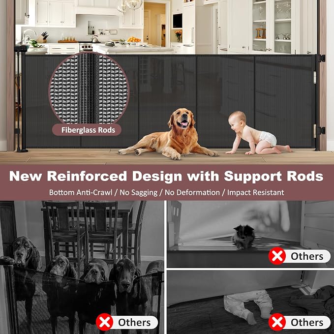 Reinforced 41" Extra Tall Retractable Baby Gates Extra Wide 100" Retractable Dog Gate with Support Rods, Indoor Extra Long Baby Gates for Large Openings Outdoor Retractable Gate Tall Dog Gate, Black