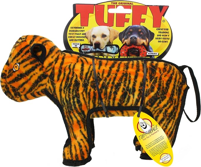 TUFFY - World's Tuffest Soft Dog Toy - Zoo Tiger - Multiple Layers. Made Durable, Strong & Tough. Interactive Play (Tug, Toss & Fetch). Machine Washable & Floats
