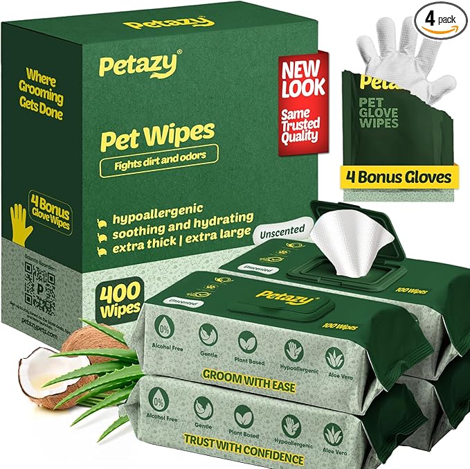 Petazy Pet Wipes for Dogs and Cats – 400 Count (8x8in) Hypoallergenic, Deodorizing Dog Wipes for Paws, Ears and Butt | XL with Aloe & Coconut Oil, Unscented | Includes 4 Grooming Glove Wipes