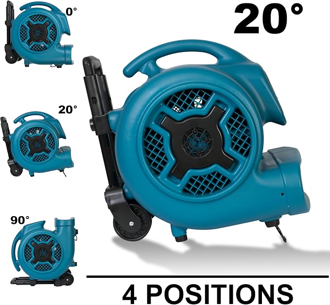 XPOWER X-830H Pro 1 HP 3600 CFM Centrifugal Air Mover, Carpet Dryer, Floor Fan, Blower, Telescopic Handle and Wheels, for Water Damage Restoration, Janitorial, Plumbing, Home Use