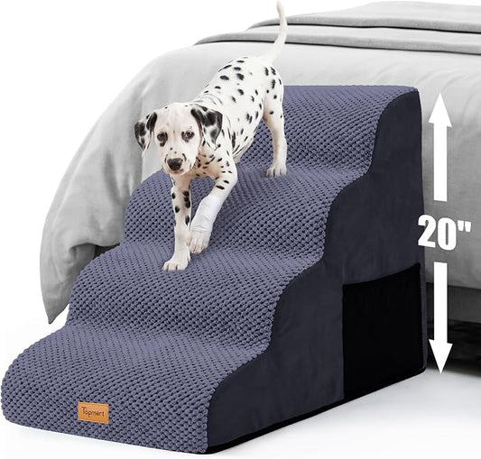 Topmart High Density Foam Dog Steps 4 Tiers,Extra Wide Deep Pet Steps,Non-Slip Dog Stairs Ramp for Bed,Soft Foam Cat Ladder,Best for Older Injured,Older Pets,Cats with Joint Pain