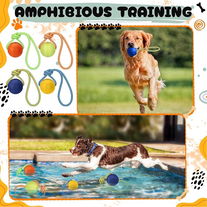 Skylety 4 Pack Floating Dog Toy with Rope Handle EVA Dog Bumper Throw Stick for Water Training Fetch Retrieving High Visibility Pool Water Toy for Beach Diving Pool Yard Summer Outdoor Play, Ball
