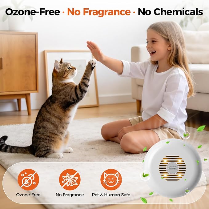 Photocatalytic Cat Litter Box Deodorizer - Ozone-Free Pet Odor Eliminator, Ultra-Quiet Air Purifier for Small Pet Areas, No Chemicals or Fragrances, USB-C Powered