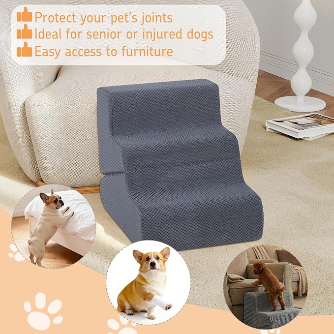 Dog Ramp for Bed, 16.5" H Dog Stairs for High Bed, 2 in 1 Pet Steps for Small Dogs, 3-Step Foldable Transformable Large Cats Ramp to Get on Couch, Non-Slip Balanced, Grey