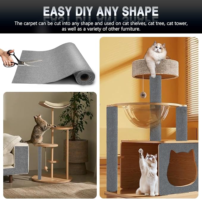 2Pack Total 78.7"x15.8" Cat Scratch Mat for Cat Couch Furniture and Wall Protector | Trimmable Self-Adhesive Carpet Climb Cat Scratcher for Covering Cat Tower and Replacement Pads (Light Grey)